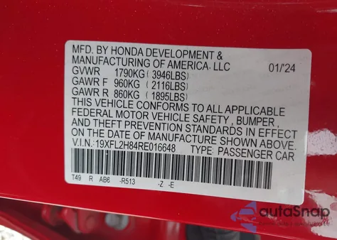 2024 Honda Civic Sport из США, поврежденный, VIN 19XFL2H84RE016648